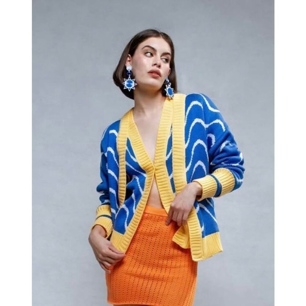 Maglione Tejidos Open Knit Wave Print Cardigan Blue, Yellow Size L